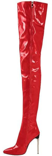 Stivali alti fino alla coscia da donna, taglie forti, stivali sopra il ginocchio in PU artificiale, scarpe da ballo da donna, stivali alti fino al ginocchio da donna con cerniera laterale,Rosso,45