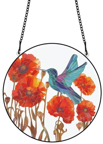 PLIGREAT Rot Mohn fleckig Sonnenfänger Fenster Wandkunst Hängendes Ornament Bemalt Bunte Kolibri Acryl Panel Handwerk für Garten ZuhauseHängendes Dekor