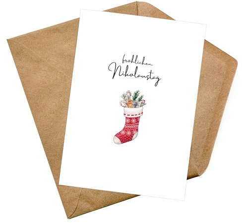 PILUVI THE LABEL Postkarte mit Umschlag aus Kraftpapier, Fröhlichen Nikolaustag, Nikolauskarte, Stilvolle Weihnachtskarte in weiß
