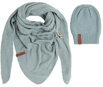 KNIT FACTORY - Damen Winter Set - Coco Dreiecksschal & Coco Mütze - Winterschal und Wintermütze - Strickschal mit Strickmütze - Gefertigt aus 30% Wolle und 70% Polyacryl - Stone Green