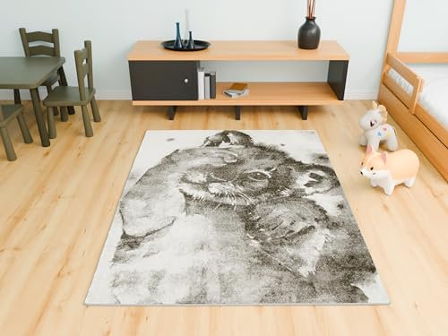 AKCILA Lima Kinderteppich Grau Löwe 120x170 cm Kinderzimmer Teppich, Spielteppich Kinder, Babyzimmer Tepich, Teppich Schlafzimmer,Teppiche Gegend, Kids Carpet,Kurzflorteppiche für Mädchen und Jungen