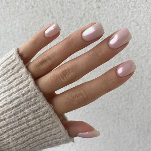 Chrome False Nails Short, SXVME Glazed Pastel Pink Press On Nails Short Square, Glitter Shine Fake Nails Glue on Nails Short Cute, Acrylic Stick on Nails for Women Daily & Party Wear