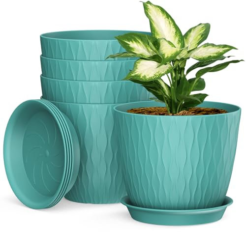 Homeuouz Lot de 5 pots de fleurs avec système d'irrigation, 20,3 cm, avec système d'irrigation, cache-pot avec soucoupe, idéal pour l'intérieur et les jardins de balcon, vert foncé