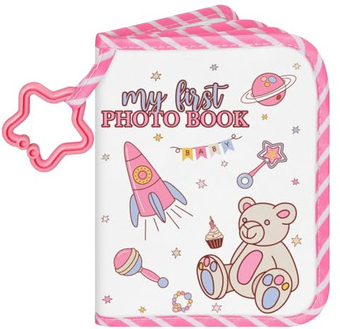 Lanpn Baby Fotoalbum 17 10x15 Fotos, Babyalbum mit Beißring und Anhänger Fotobuch zum Stoff, Einsteckalbum Erinnerungsbuch zum Gesichter Namen merken Geschenke für Kinder Mädchen Geburtstag (Bär)