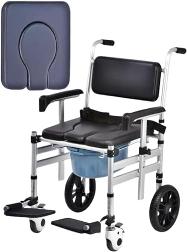 Bedside Commode with Wheels, Folding Raised Toilet Seat, Aluminium Shower Chair with Casters, Upholstered Over Toilet Commode Wheelchair