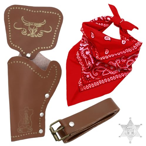VEOIRXU 4 Stück Cowboy Kostüm Zubehör Kinder Cow boy Bandanna Metallabzeichen Gürtel Holster Western Cow boy Set Kostüm für Jungen und Mädchen für Karneval Cosplay Halloween Party Dress Up
