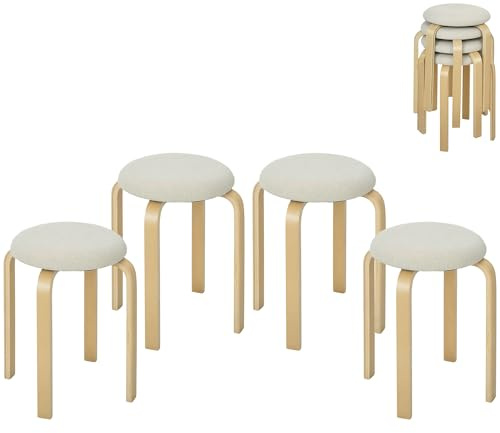 HOMCOM 4er Set Esszimmerhocker Stapelhocker Runde Hocker, Küchenhocker mit Leinenoptik, Polsterhocker für Esszimmer, Wohnzimmer, Küche, Cremeweiß