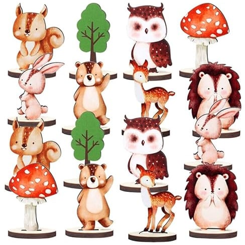 Waldtier Tischaufsätze,Tortendeko Dschungel,Waldtiere Geburtstag Deko,16 Stück Holz Waldtier Tischschild mit Sockel,Holz Deko Waldtiere für Babyparty Party Dekorationen Heimdekoration