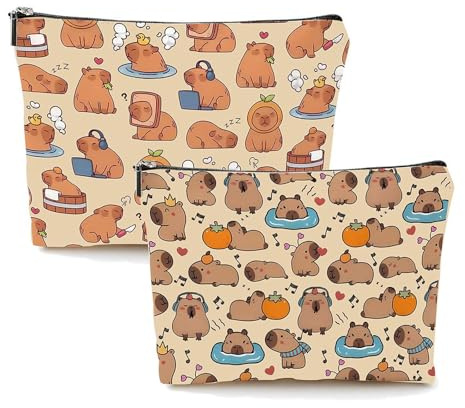FOSDICK 2 Pièces Capybara Trousse de Toilette Femme, Trousse Maquillage Capybara, Trousses de Toilette Mignon, Makeup Bag à Glissière, Trousse de Maquillage Petite, Pochette Maquillage Femmes Filles