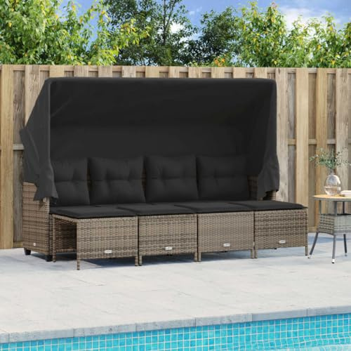 JHQHSM 5-TLG. Garten-Sofagarnitur mit Kissen Grau Poly Rattan, ausziehbares Sonnendach und abnehmbare Bezüge für Pflegeleichte Gartenmöbel Dieser 5-teilige Gartensessel-Set in Grau