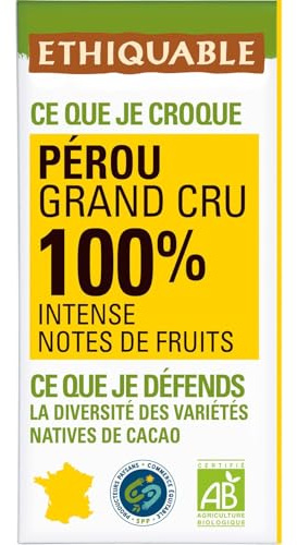 ETHIQUABLE - Chocolat Noir 100% Cacao Pérou Bio - Pâte de Cacao Pure - la tablette de 100g - Le Lot De 4