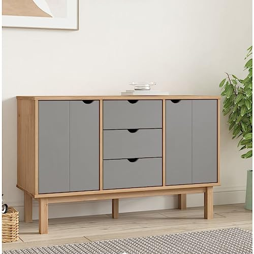 Foknhdi Sideboard OTTA Massivholz 113,5x43x73 cm Braun/Grau skandinavisches TV Lowboard mit 3 Schubladen 2 Türen Stauraum Kommode für Wohnzimmer Flur Schlafzimmer