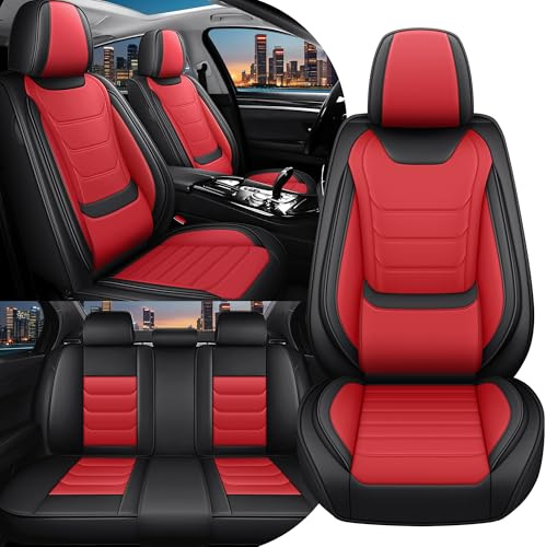 Soliget Für FIAT 500 2007-2026 Sitzbezüge, Vollständige Abdeckung Maßgeschneiderte Sitzbezüge,Wassergeschütztes & fleckenabweisendes Premium-Leder, (Vollsatz Set, Schwarz&Rot)