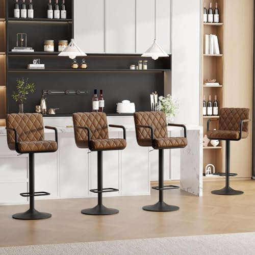 Ckaff Barhocker 4er Set, Barstühle Höhenverstellbar, 360° Drehbare Küchenhocker mit Armlehnen, Rückenlehne und Fußstütze,Barstuhl aus PU-Leder für Küche Wohnzimmer Esszimmer, Gelbbraun