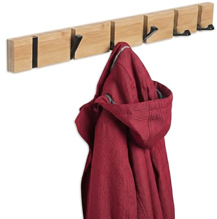 Relaxdays Garderobenleiste, 6 klappbare Haken, Bambus, Natur/schwarz | Metall, HxBxT: 5 x 60 x 1,5 cm, Flur Kleiderhaken