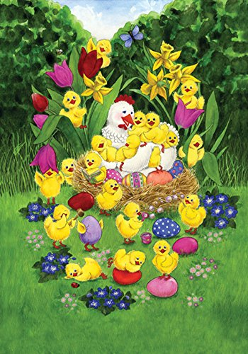 Toland Home Garden Oster-Küken, 71,1 x 101,6 cm, dekoratives Frühjahrsbaby mit Huhn-Blume, bemaltes Ei-Haus