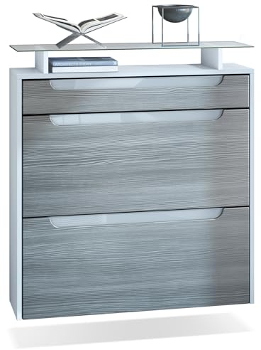 Vladon Schuhschrank Annie, Schuhkipper für 16 Paar Schuhe mit 2 Klappen, 1 Schublade und Glasablage, Weiß matt/Avola-Anthrazit/Weiß Hochglanz (89 x 96 x 23 cm)