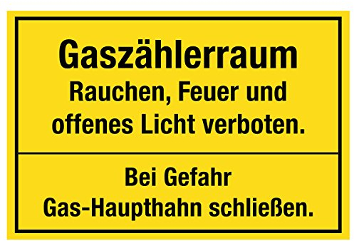 Wandkings Sicherheitsaufkleber für Innen und Außen - Gaszähler Zimmer Rauchen, Feuer und offenes Licht verboten - Schließen Sie den Gashaupthahn im Risikofall 30x20 cm - Aufkleber ohne Schild