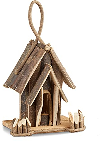 Relaxdays Vogelhaus Deko, Holz Vogelhäuschen mit Aufhängung, handgefertigte Vogelvilla, Dekoration für Balkon, natur