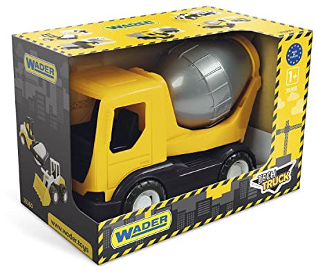 Wader 35363 - Tech Truck Betonmischer mit drehbarer Trommel und stabilen Stahlachsen, ca. 26 x 14,5 x 19 cm groß, gelb, ab 12 Monaten, ideal als Geschenk für kreatives Spielen