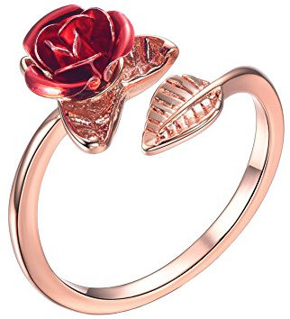 U7 Anello Aperto Donna Regolabile Charm di Fiore Rosa Rossa Foglia, Placcato Oro Rosa, Gioiello alla Moda, Colore Rosa, Regalo Natale Compleanno, Inivia Confezione Scatola