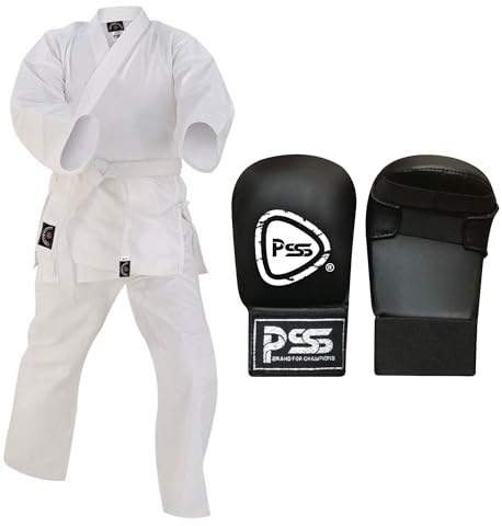 PSS Kids Karate Martial Arts training Uniform 100% Cotton With Kids Karate Mitts Size Small (Karate Mitt Black, 1-140)