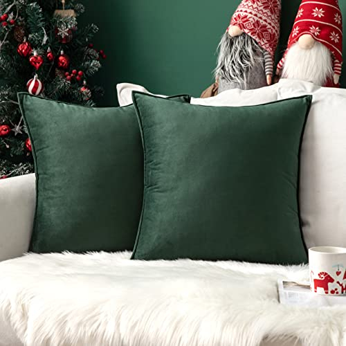 MIULEE 2er Set Samt Kissenbezug Flansch Kissenhülle Dekorative Sofakissen Dekokissen Umwickelte Kante Kissenbezüge Zierkissenbezug für Sofa Wohnzimmer Schlafzimmer 50x50 cm Dunkelgrün