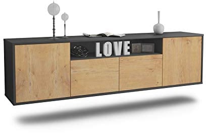 Dekati Lowboard Toledo hängend (180x49x35cm) Korpus anthrazit matt - Front Holz-Design Eiche - Push to Open