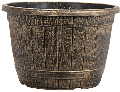 Muddy Hands Bronze Wooden Barrel Effect Plant Pot Round Plastic Planter Outdoor Garden Flower Tree Herb (1, 13.2 Litre)