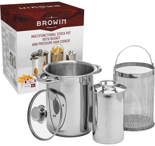 BROWIN Stainless Steel Kit : 4L Pasta/Asparagus Pot + 1.5kg Ham Cooker 313515 | Press for Making Healthy Homemade Meats | Steamer Cooker with Basket and Lid