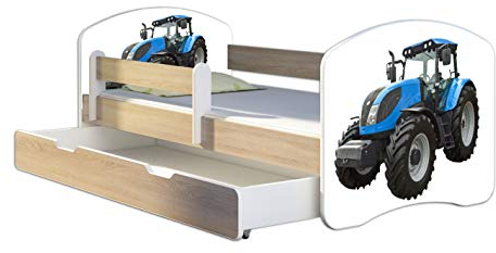 Kinderbett Jugendbett mit einer Schublade und Matratze Sonoma mit Rausfallschutz Lattenrost ACMA II 140x70 160x80 180x80 (42 Traktor, 180x80 + Bettkasten)