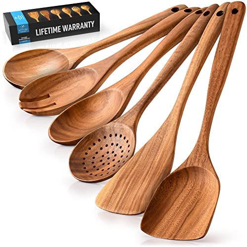 Zulay Kitchen Utensilios de madera de primera calidad para cocinar, juego de 6 piezas antiadherentes, suaves y cómodos, utensilios de cocina de madera de teca con acabado liso para cocinar