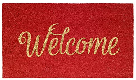 Banzaii Kokos-Fußmatte 40 x 70 cm mit Rutschfester PVC-Rückseite mit Glitzer Applikationen - Welcome Rot