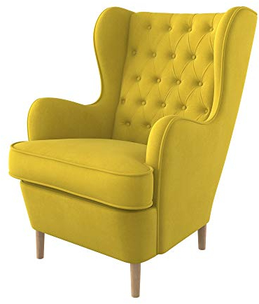 Furninero - Poltrona a orecchioni, Stile Chesterfield, Trapuntato a Rombi con Bottoni Profondi, Gambe arrotondate in Rovere, Majestic Velvet Yellow Tessuto, Easy-Clean (Facili da Pulire), Giallo