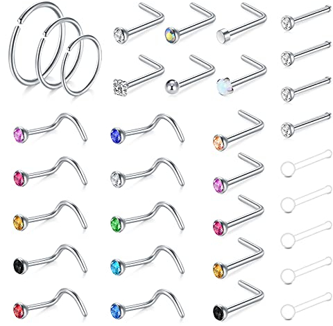 Incaton 33Stk Nasenpiercing 20G Nasenstecker Nasenring L Spiralpiercing Nasenpiercing Stud Piercing Schmuck 0.8mm