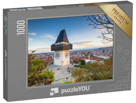puzzleYOU: Puzzle 1000 Teile „Klassisches Panorama: Graz mit Uhrenturm bei Sonnenuntergang, Steiermark“ – aus der Puzzle-Kollektion Graz