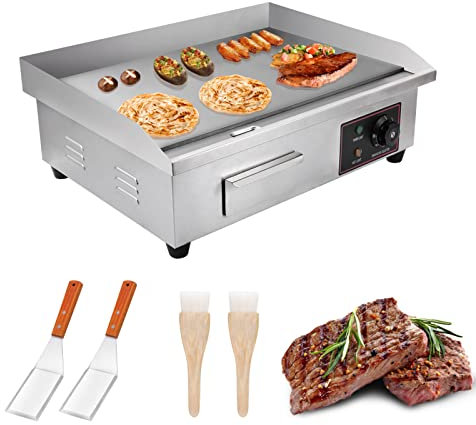 Plancha eléctrica comercial de 22 pulgadas, parrilla eléctrica de parte superior plana, plancha de encimera de 3000 W con palas y cepillos para cocinas de restaurante