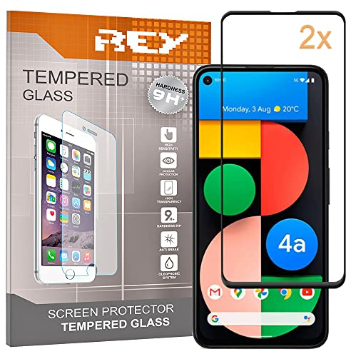 REY Pack 2X 3D Bildschirmschutz aus gehärtetem Glas für Google Pixel 4A 5G, Schwarz, Displayschutzfolie 9H+ Härte, Anti-Kratzen-Öl-Bläschen, Voller Schutz, 3D, 4D, 5D