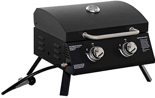 Barbecue gaz de Table transportable Pieds Pliables - 2 brûleurs 5 KW - Barbecue gaz de Camping - Grille de Cuisson, réceptacle Graisse, thermomètre - Acier de Qualité Alimentaire Noir