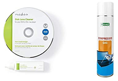 Nedis Nettoyant pour lentilles disques, nettoyage des disques | 20 ml | Lecteur BLU-Ray/lecteur CD/lecteur DVD transparent & D.RECT Spray à Air Comprimé 600ml | Purificateur d'air Comprimé