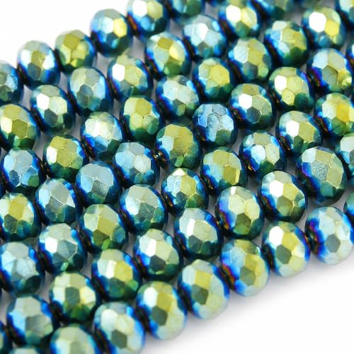 Perlin ca. 65 Glasperlen 8x6 mm facettierte Rondelle Metallic Grün Blau | Tschechische Glasschliffperlen am Strang in irisierender Blau-Grün-Optik für Armbänder und kreative Schmuckideen