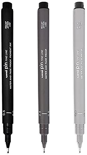 Uni Pin Fineliner Zeichenstift, 0,5 mm Spitze, schwarz, dunkelgrau und hellgraue Tinte, 3 Stück