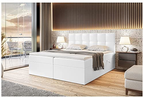 MEBLINI Boxspringbett mit Bettkasten - Gepolstert Doppelbett mit Matratze und Topper - Polsterbett mit Stauraum - Bett mit Kopfteil - Stauraumbett - RACO - 160x200 - H3/Weiß Kunstleder