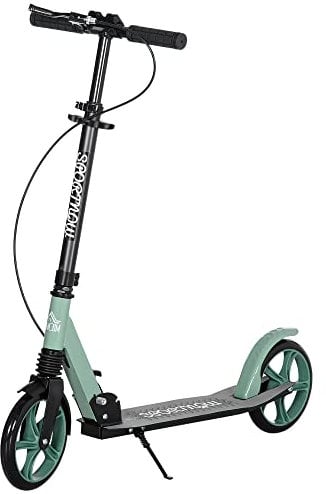 HOMCOM Patinete Plegable para Adultos y Niños de +14 Años Scooter Ligero con Manillar Ajustable Grandes Ruedas Ø200 mm Amortiguador y Freno Aluminio Carga 100 kg 91,5x36,5x91-104 cm Verde