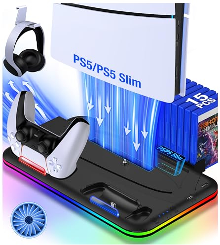 EUROA PS5 Stand with Cooling Station and Controller Charging Station for PlayStation 5 Slim Console, PS5 Controller Charger, Cooling Stand, LED Light, Headset Holder for PlayStation 5 Accessories