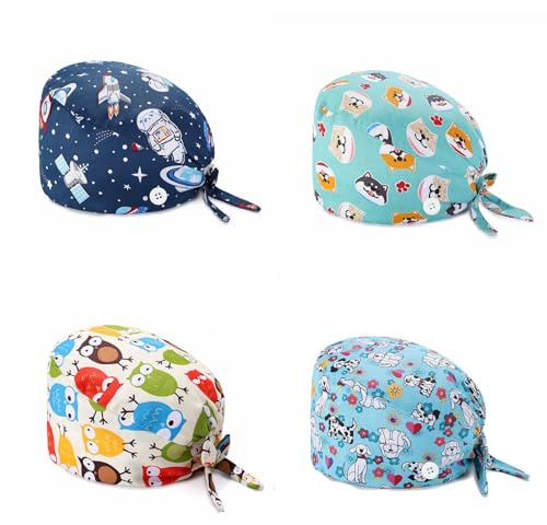 LIAOPUFUS 4 Piezas Gorro de Trabajo Unisex Turbante con Botón Cubren Cabeza Pañuelo Estampado