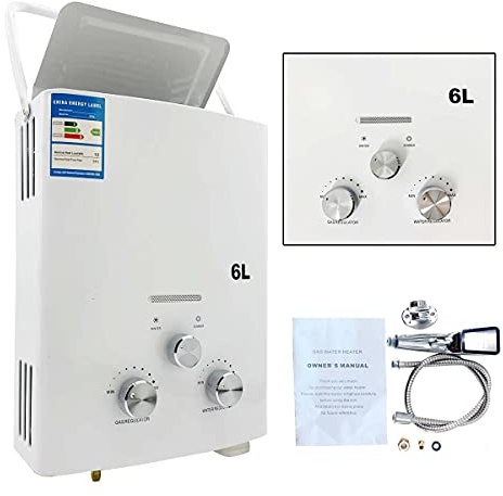 ECUTEE LPG Calentador de agua de gas propano (6 L, 12 kW, portátil, sin depósito, con cabezal de ducha, kit de cabinas de velero para casas pequeñas, cabinas de velero, campamentos