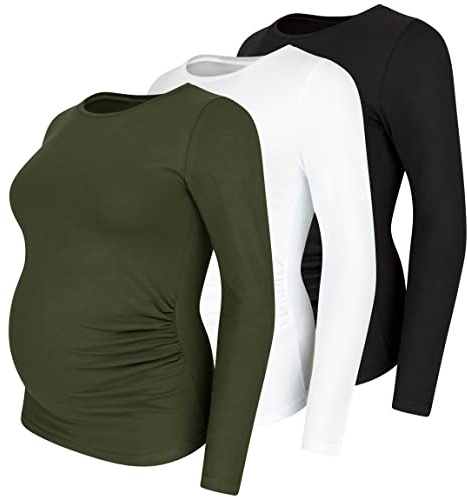 M.M.C. Umstandsshirt Langarm Damen 3er Pack – Umstandsmode Basic, unifarben, mitwachsende Raffung, 95% Baumwolle (Schwarz, Weiß, Khaki, M)