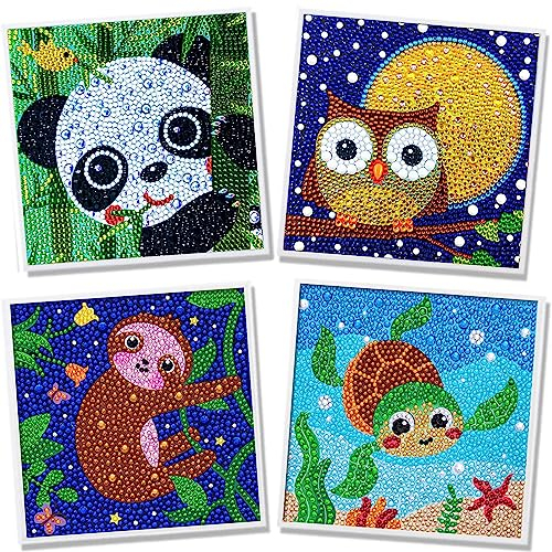 4 Diamond Painting Kinder Tiere 5D DIY Diamond Painting Bilder Full Drill Set Diamant Malerei Kit mit Zubehör Kleine Mädchen Junge Geschenke 15 x 15cm