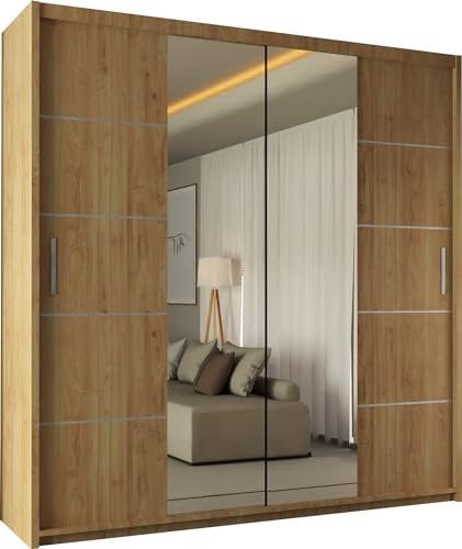 SLIDING WARDROBE 4U Winnipeg Double Door Sliding Mirror Wardrobe with Adjustable Shelves and Hanging Rails (Oak, 150cm)